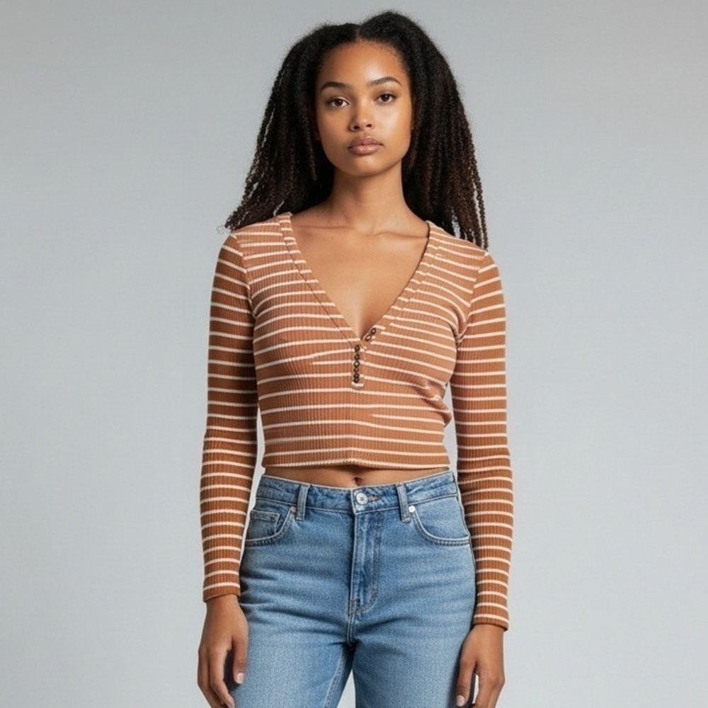 Forever 21 Womens Rust Orange Striped Ribbed Henley V-Neck Crop Top Small